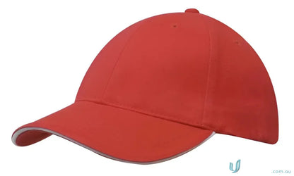 Red baseball cap from Cotton Cap with Sandwich Trim featuring custom imprint and wide stock range