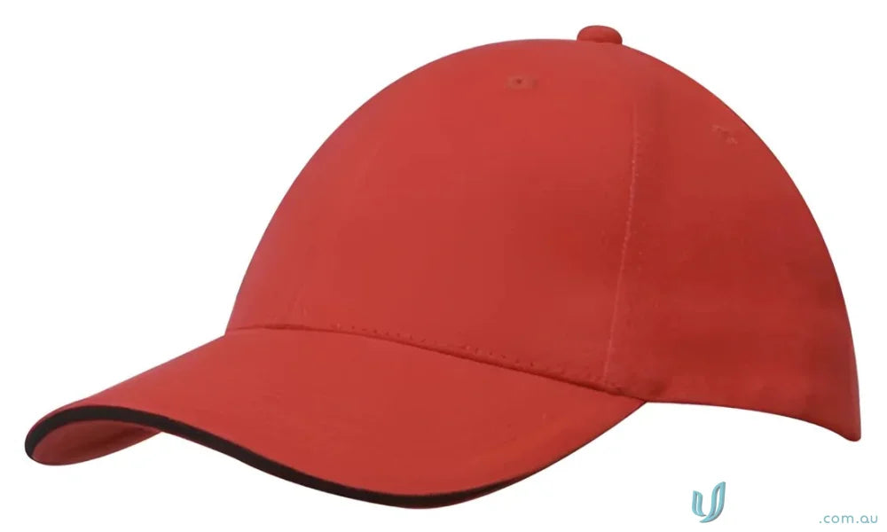 Red cotton cap with black trim and custom imprint, part of our wide stock range, 10 cm size