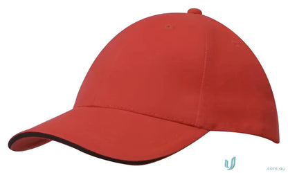 Red cotton cap with black trim and custom imprint, part of our wide stock range, 10 cm size