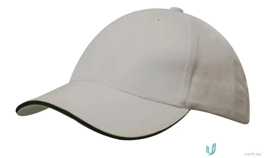 White Cotton Cap with Sandwich Trim featuring black trim and custom imprint options