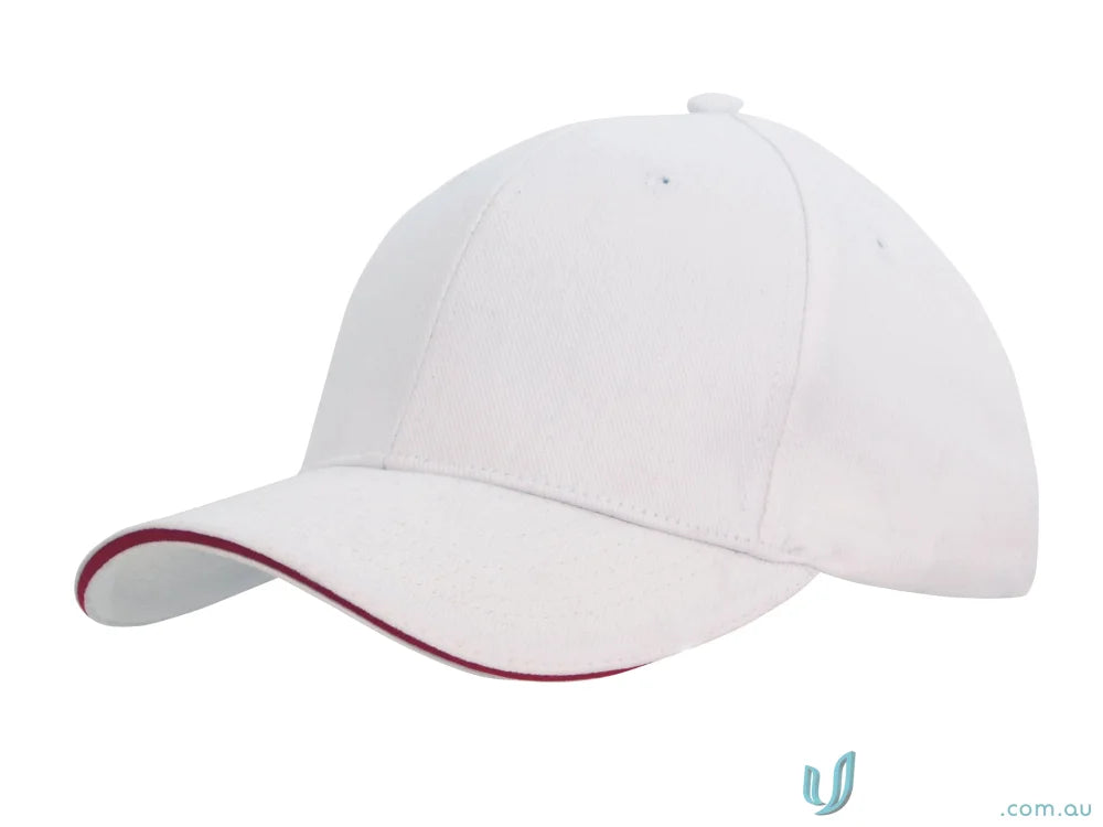 White cotton cap with burgundy trim from our wide stock range, perfect for custom imprint