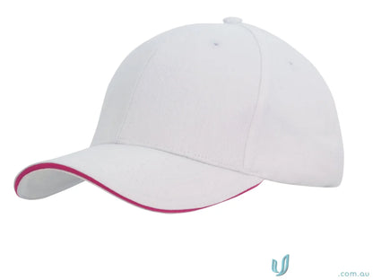 Cotton Cap with Sandwich Trim featuring a white design with pink trim and custom imprint
