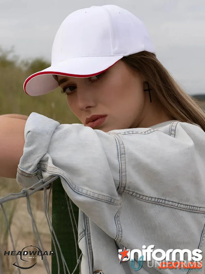 White baseball cap with red trim from Cotton Cap with Sandwich Trim, perfect for custom imprint or wide stock range