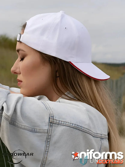 White cotton cap with red trim, perfect for custom imprint, wide stock range, 10 cm inch