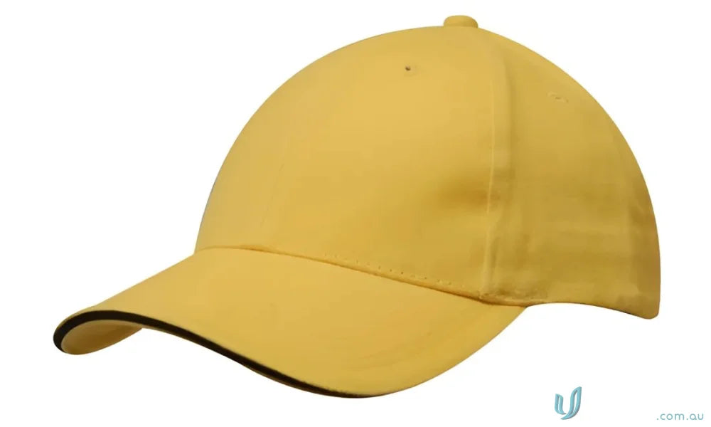Yellow cotton cap with sandwich trim, perfect for custom imprint, wide stock range, 10cm size