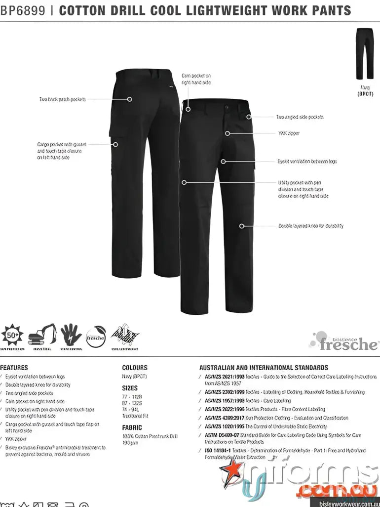 Black Cotton Drill Cool lightweight work pants with features and standards info
