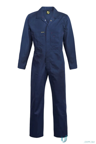 Dark blue cotton drill coveralls with long sleeves, collar, and front buttons for work