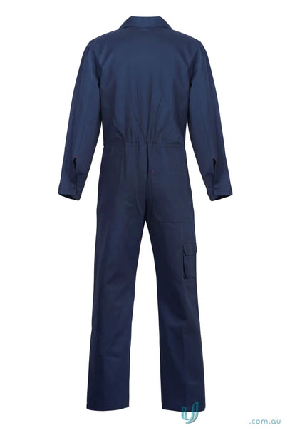 Dark blue cotton drill coveralls with long sleeves and multiple pockets for work