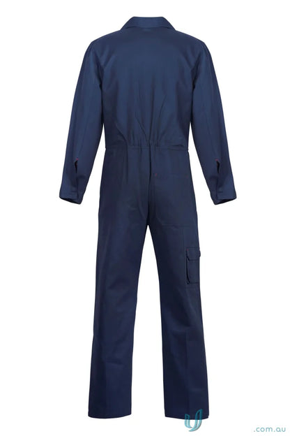 Dark blue cotton drill coveralls with long sleeves and multiple pockets for work