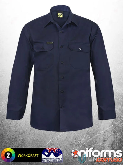 Navy blue cotton drill LS shirt for workwear and uniforms in a casual style