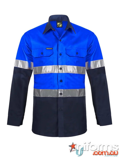 Blue and navy cotton drill work uniform with high visibility reflective stripes