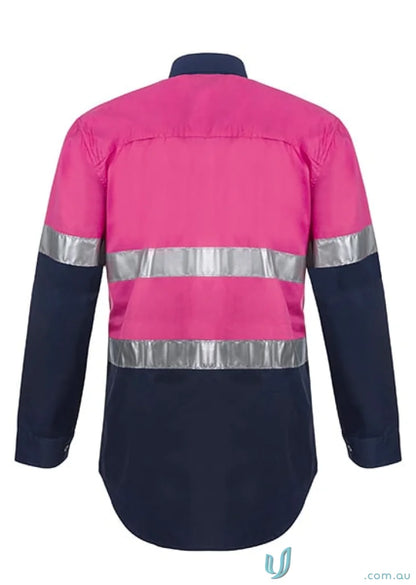 Pink and navy reflective cotton drill work uniform shirt with CSR tape for high visibility
