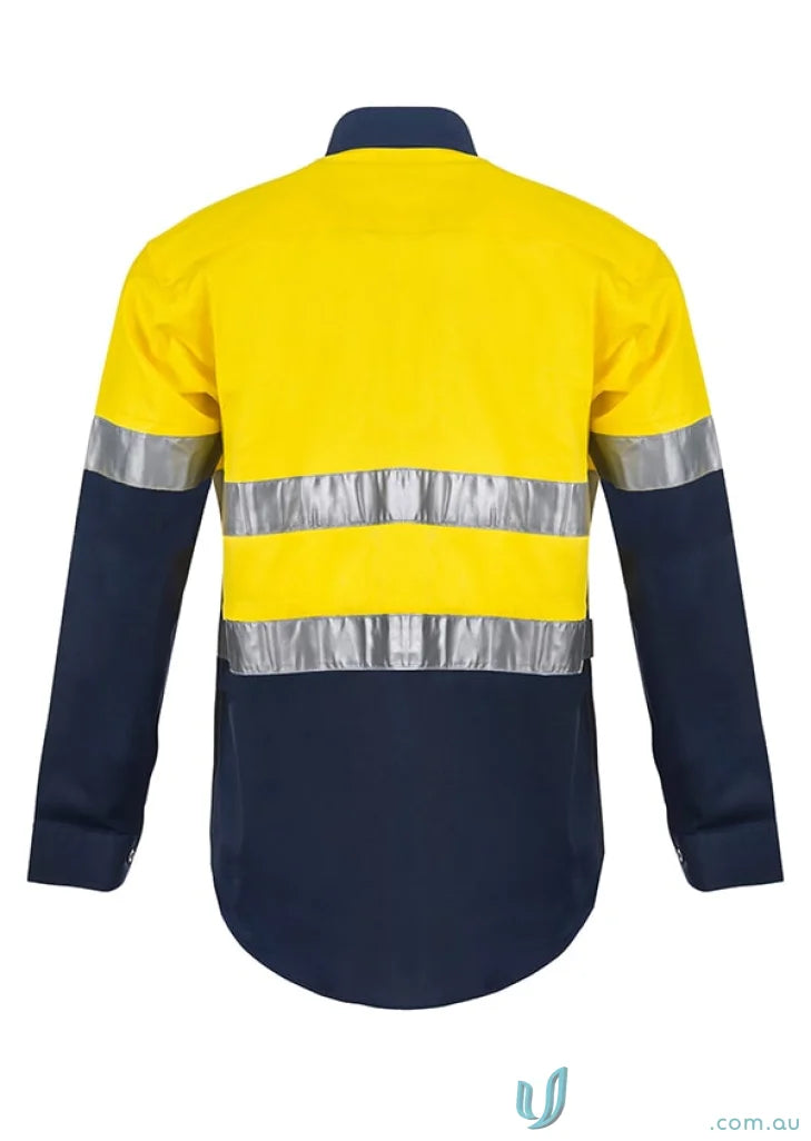 Yellow and blue reflective work shirt with reinforced stress and CSR tape for uniforms
