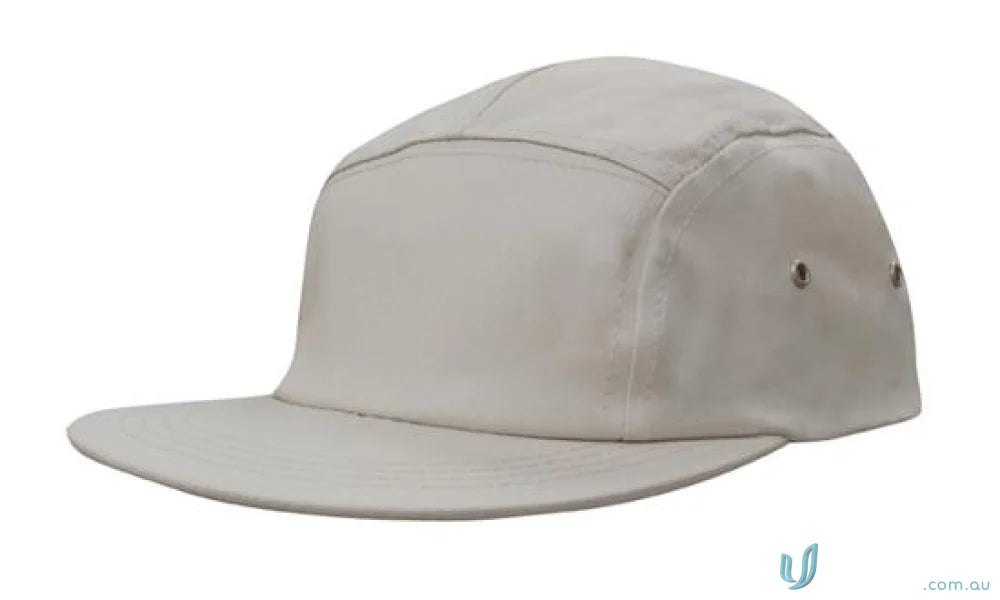 Light grey five-panel cap with flat brim and ventilation eyelets, perfect for uniforms or workwear FAQs link