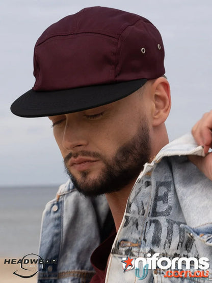 Maroon five-panel cap with flat black brim perfect for uniforms and workwear options, FAQ link included