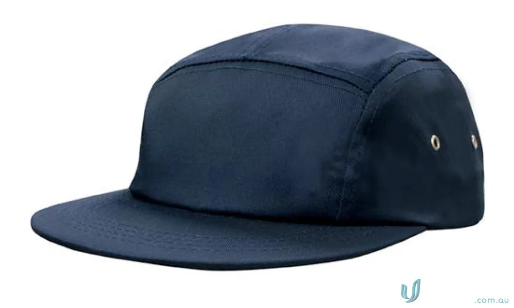 Navy blue five-panel cap with eyelets, perfect for workwear or uniforms, FAQ link included