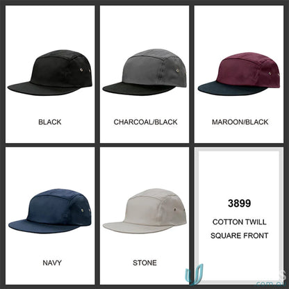 Five-panel cotton twill workwear caps in various colors with square fronts, perfect for uniforms and FAQ link