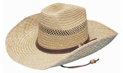 Cowboy Straw beige hat with brown leather band, mesh panel, 58cm stock imprint spot