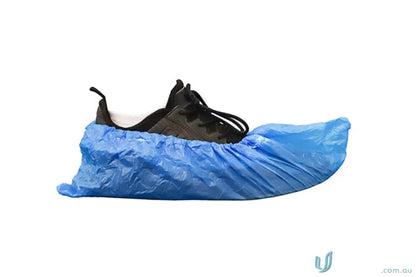 Black shoe with blue CPE Shoe Cover for protection and hygiene