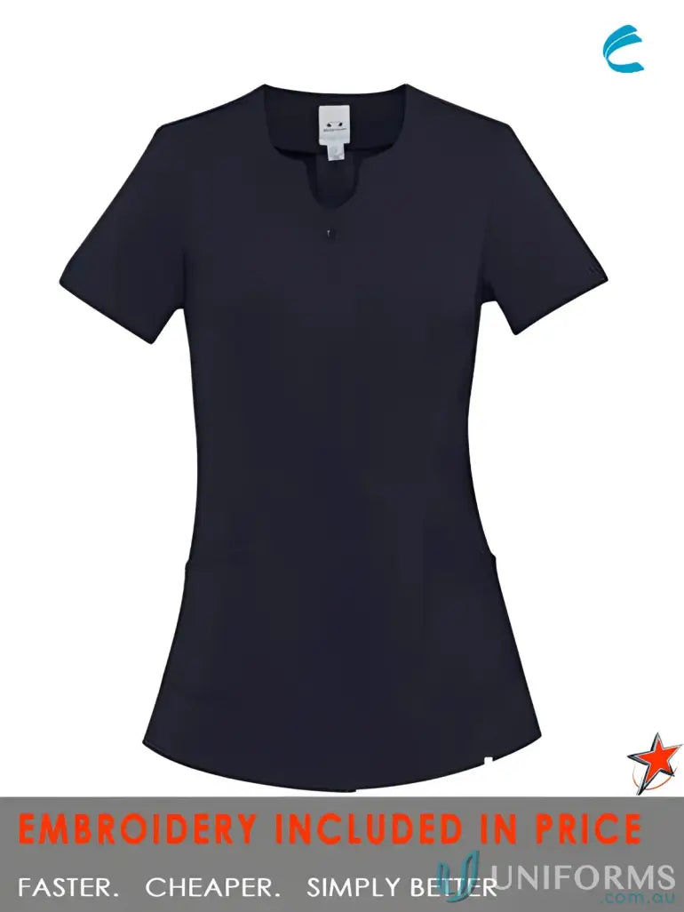 Dark blue Eden Tunic women’s short-sleeved top with pockets, perfect for medical uniforms