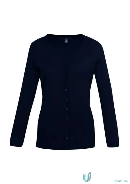 Dark blue CR EMB Ladies Milano Knit Cardigan perfect for work uniforms and easy care
