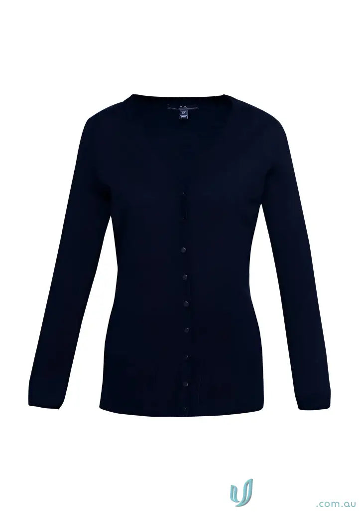 Dark blue CR EMB Ladies Milano Knit Cardigan perfect for work uniforms and easy care