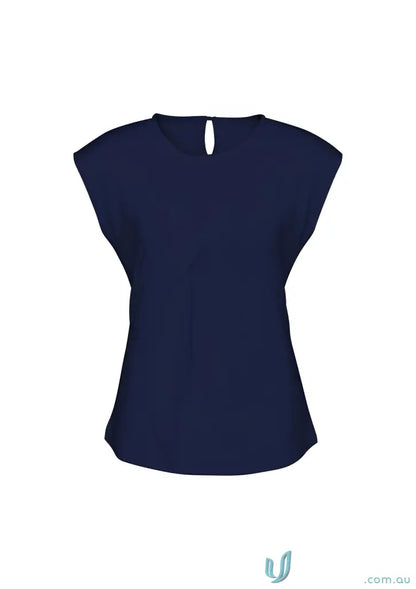 Navy blue cap-sleeve blouse in jersey knit, comfy fit for work uniforms or casual wear