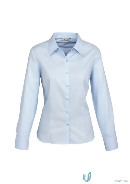 Light blue long-sleeved button-down shirt with mini herringbone for work uniforms