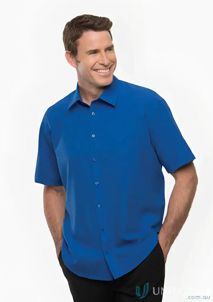 Man modeling CR EMb Mens Ezylin SS Shirt in breathable polyester fabric, versatile workwear