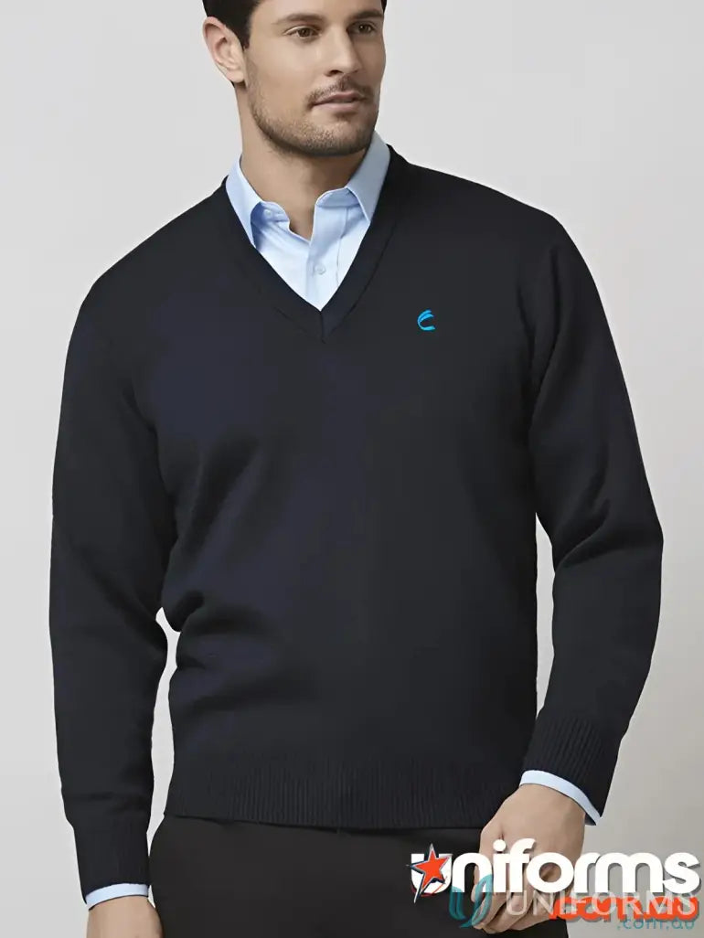 Navy V-neck sweater from CR EMB Unisex Wool Mix Pullover, easy care workwear mate