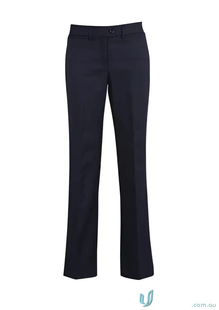 Dark blue ladies relaxed fit straight leg pant with slight flare for a comfy look