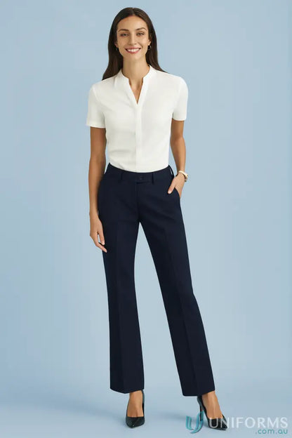 Women’s white short-sleeve collared shirt with ladies relaxed fit straight leg pant