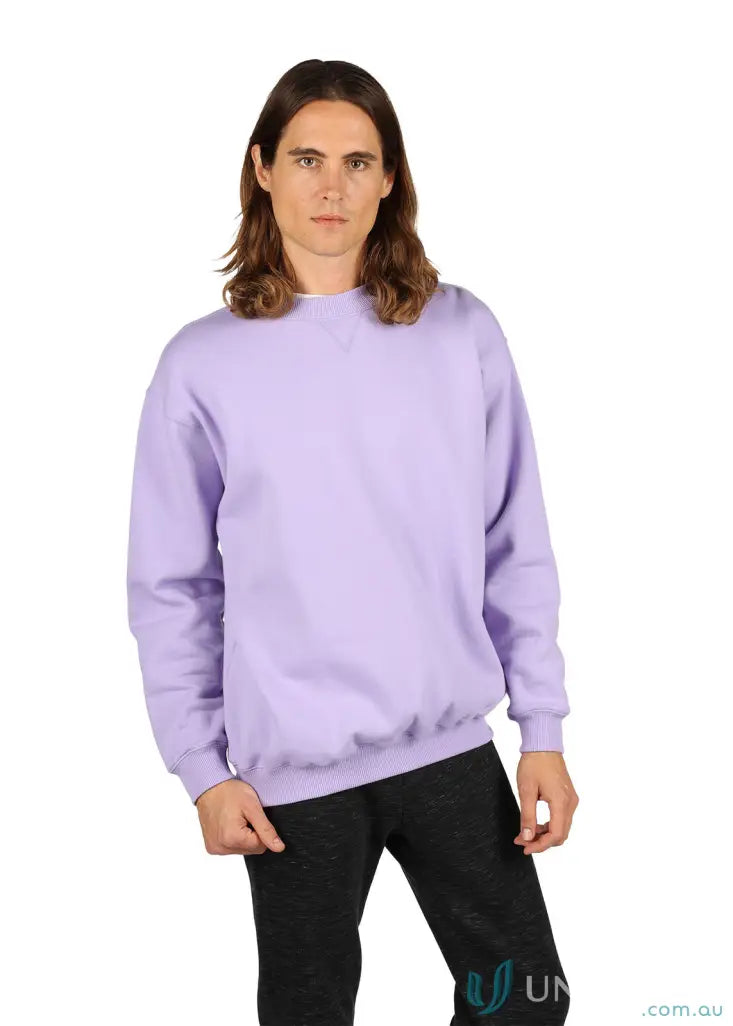 Person in light purple Crew Neck Sloppy Joe sweatshirt and dark workwear pants