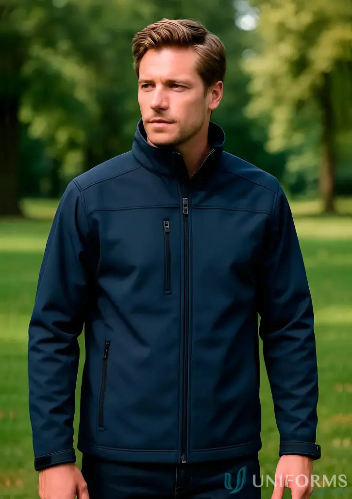 Dark blue mens softshell jacket j3880 with biz tech™ fabric and multiple pockets