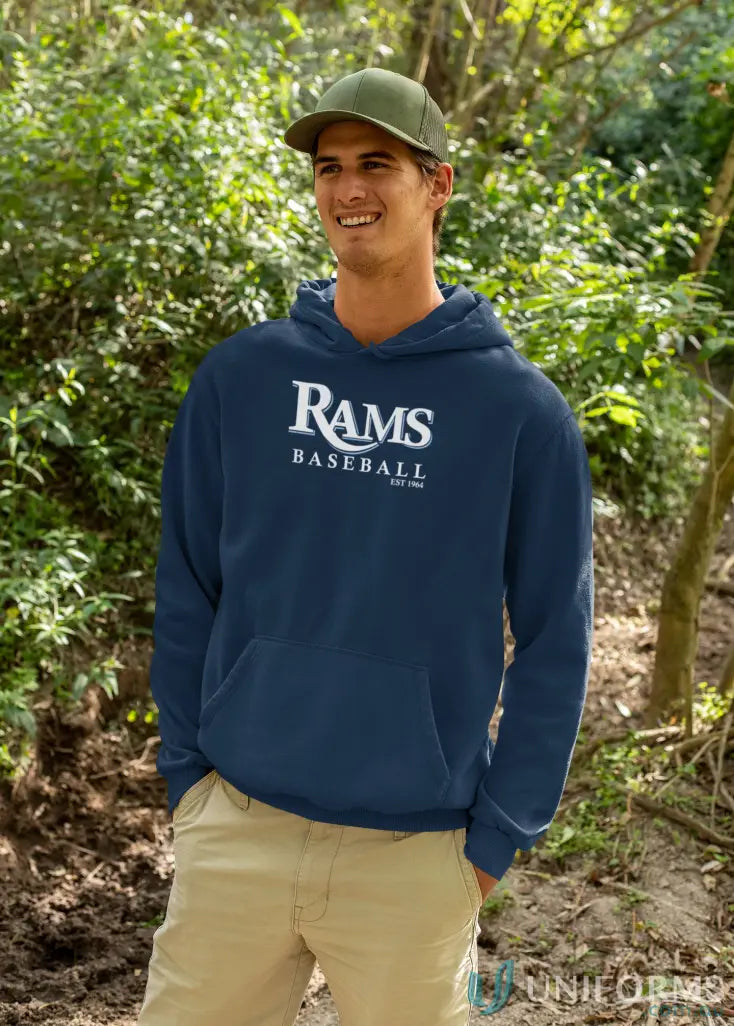 Navy blue Croydon Rams hoodie with Rams Baseball logo, perfect for Rams fans