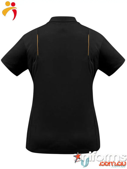 Black polo shirt with gold accents from CSI EMB Ladies Polo, perfect for modern work uniforms