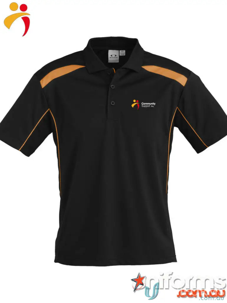 Black CSI EMB unisex polo shirt with gold accents, sports interlock fabric, knitted collar