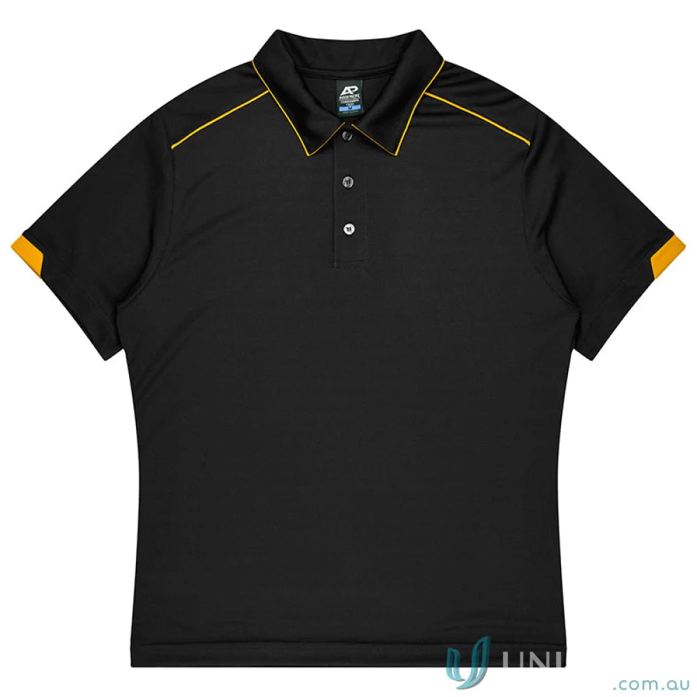 Black men’s polo shirt with yellow accents from Currumbin Kids Polos, perfect for uniforms or workwear