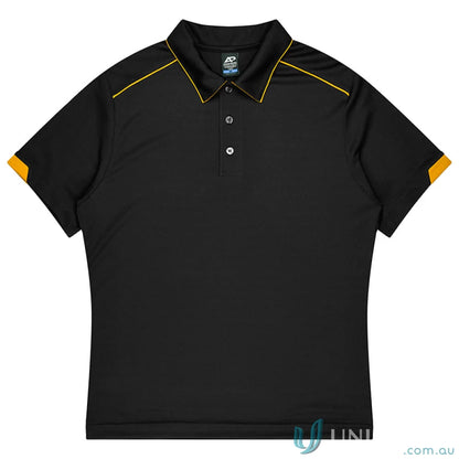 Black men’s polo shirt with yellow accents from Currumbin Kids Polos, perfect for uniforms or workwear