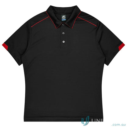 Currumbin Kids Polos black polo shirt with red trim, perfect for mini waffle uniforms