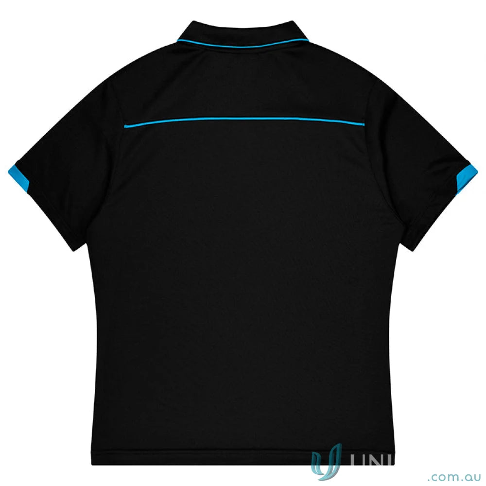 Currumbin Kids Polos black mini waffle uniforms with blue trim and accents for workwear