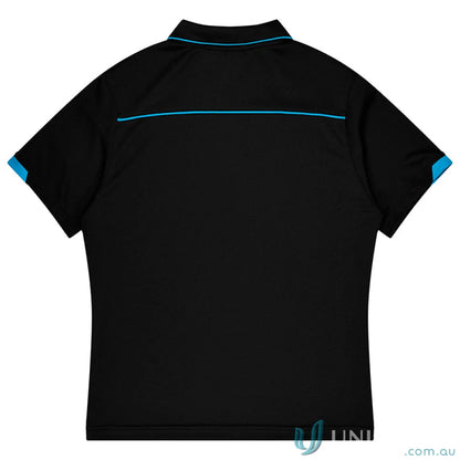 Currumbin Kids Polos black mini waffle uniforms with blue trim and accents for workwear