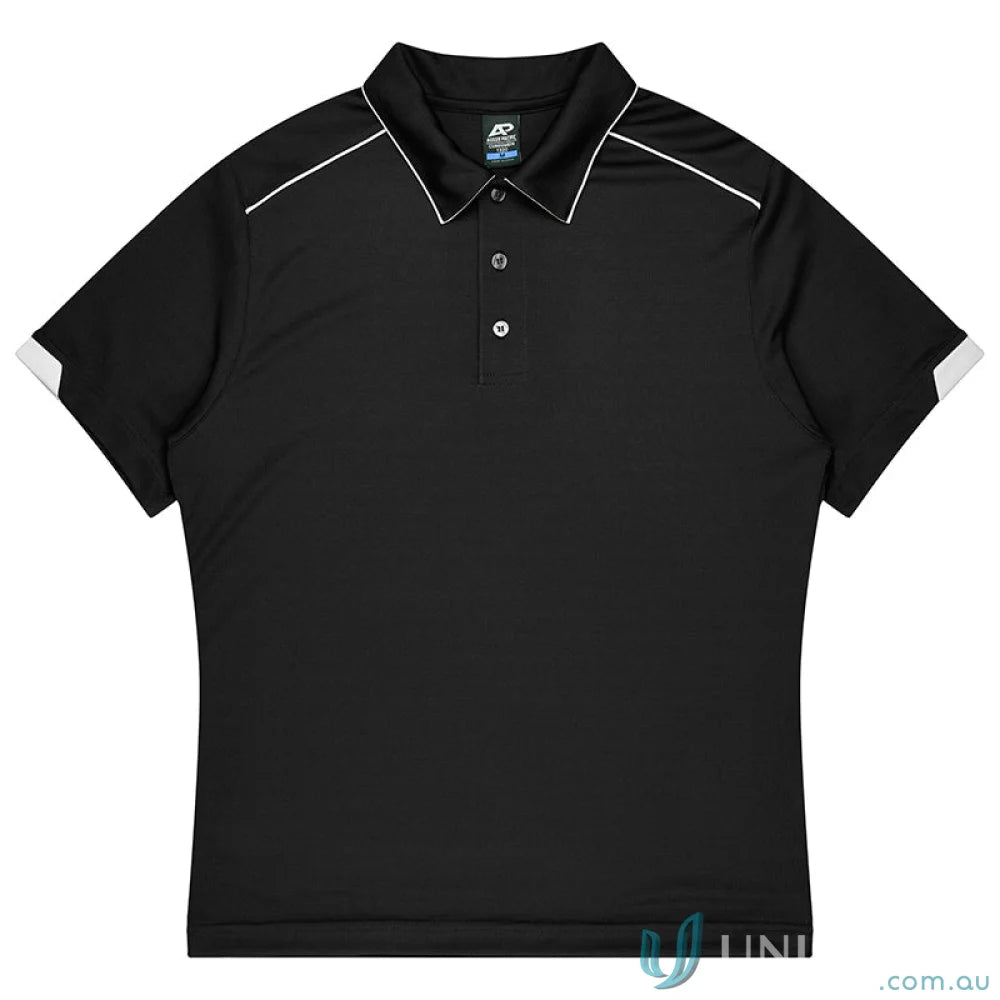 Black short-sleeved Currumbin Kids Polo with white trim, perfect for mini waffle uniforms or workwear