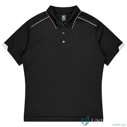 Black short-sleeved Currumbin Kids Polo with white trim, perfect for mini waffle uniforms or workwear