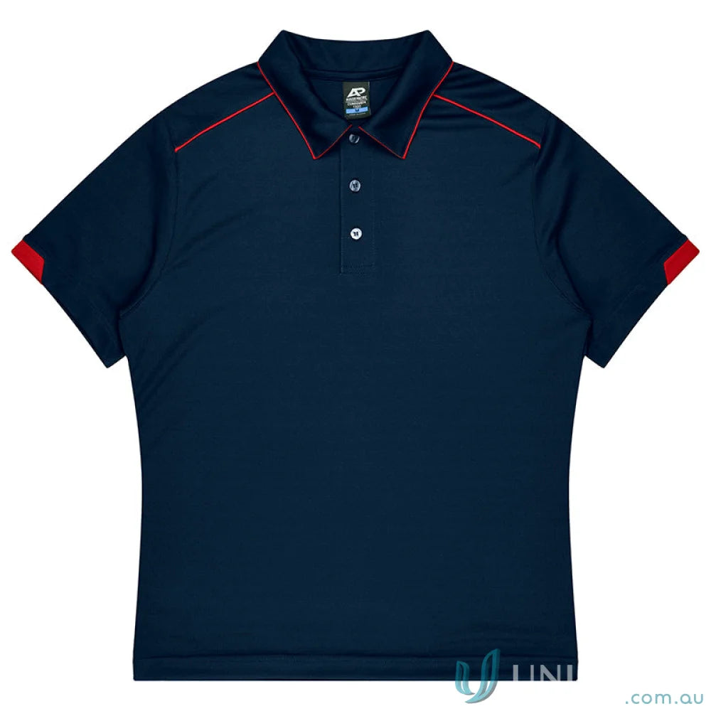 Currumbin Kids Polos dark blue mini waffle polo with red trim, perfect for uniforms or workwear