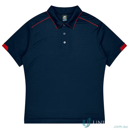 Currumbin Kids Polos dark blue mini waffle polo with red trim, perfect for uniforms or workwear