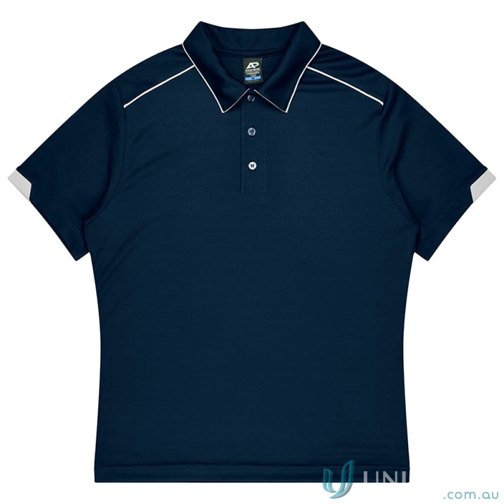 Dark blue Currumbin Kids Polo with white piping, perfect for mini waffle uniforms or workwear
