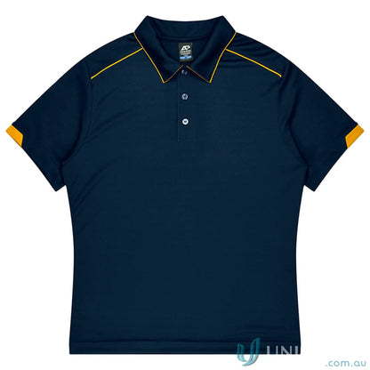 Currumbin Kids Polos men’s navy blue polo with yellow trim, perfect for uniforms or workwear