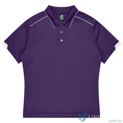 Men’s purple Currumbin Kids Polo shirt with white piping and inserts, perfect for uniforms or workwear