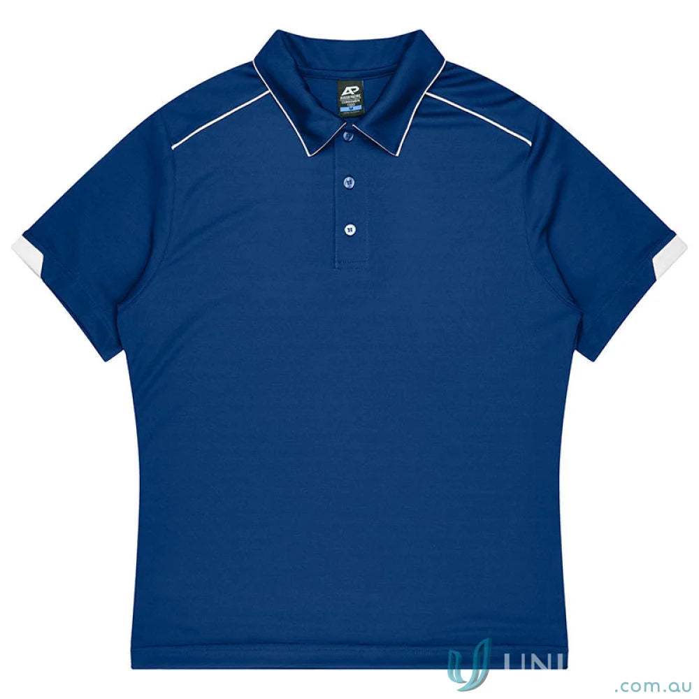 Royal blue Currumbin Kids Polo shirt with white piping, perfect for mini waffle uniforms or workwear